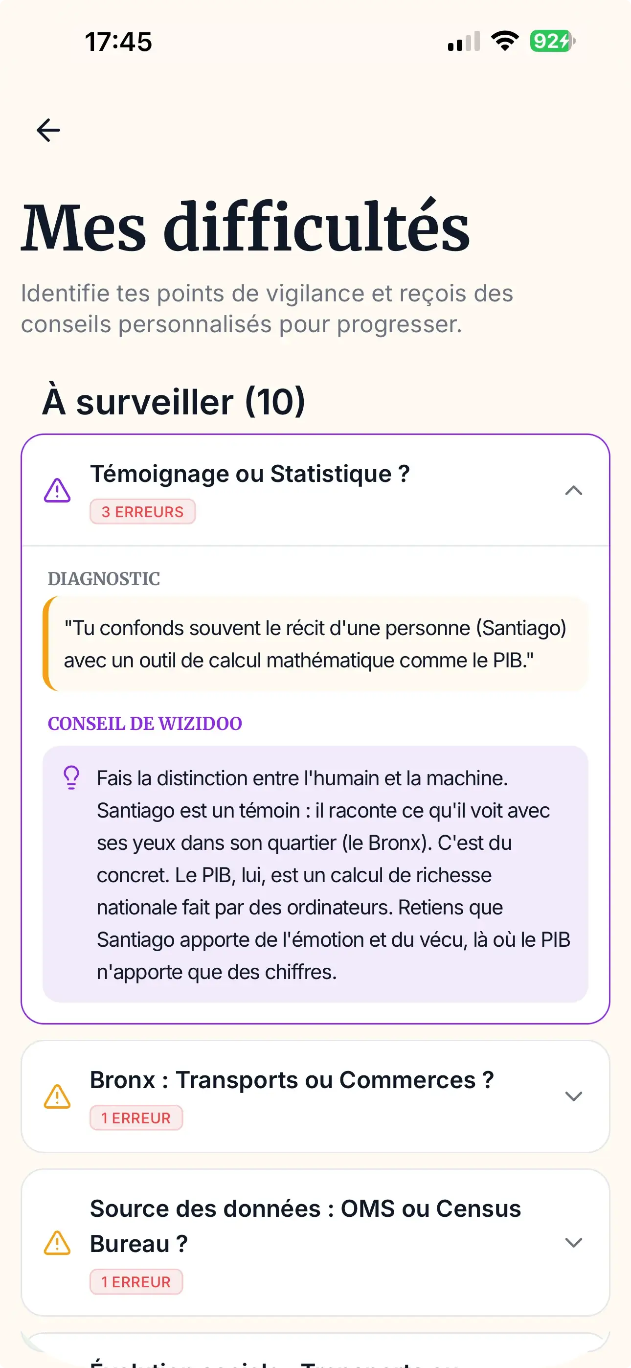 Liste des difficultés identifiées par l’IA pour une révision ciblée