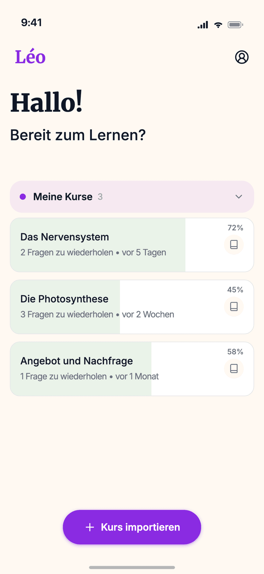 Wizidoo-Schüleransicht mit importierten Kursen und Beherrschungsgrad