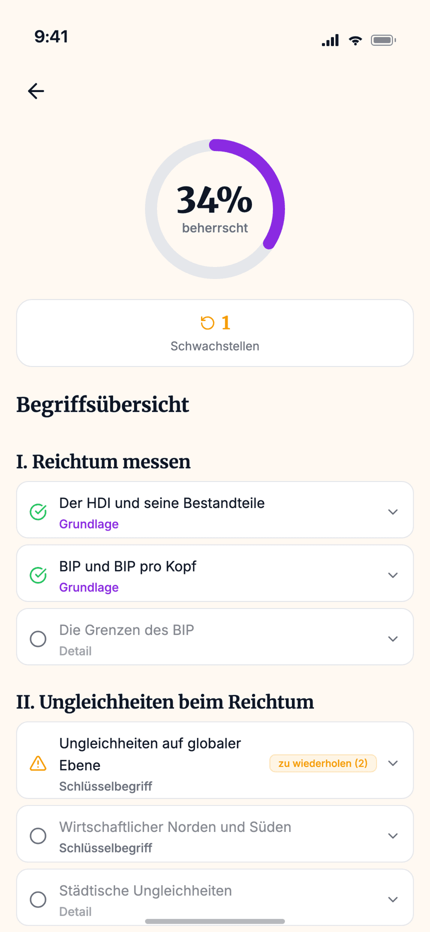 Wizidoo-Fortschrittsansicht mit Beherrschungsgrad je Thema