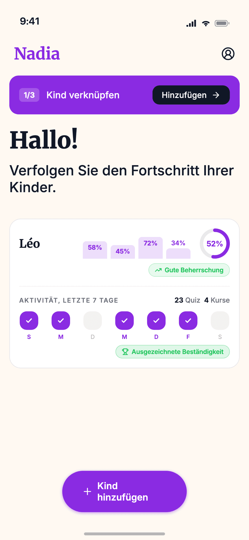 Wizidoo-Elternansicht mit Kinderkarte und Lernfortschritt