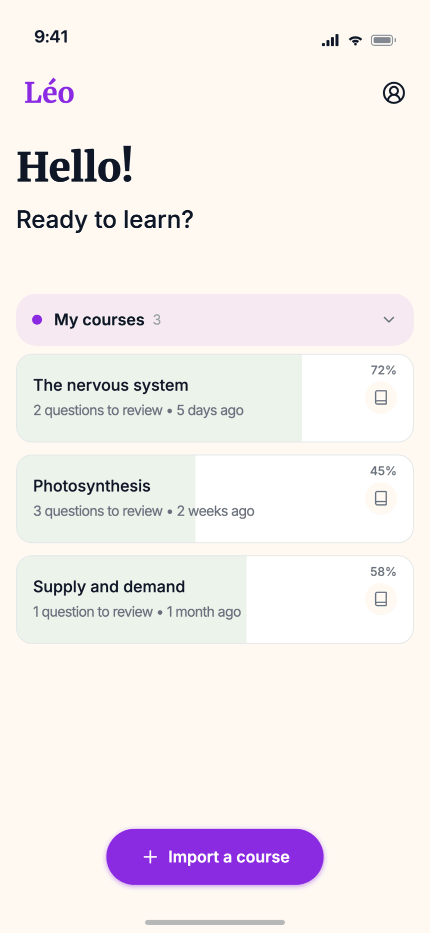 Wizidoo student home showing imported lessons and mastery percentage