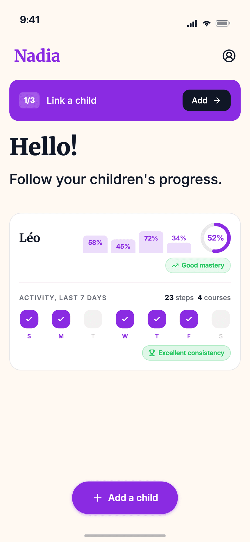 Wizidoo parent home showing a child card and revision tracking