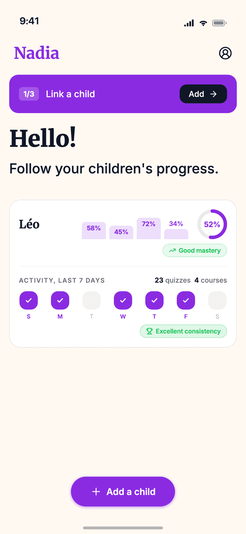 Wizidoo parent home showing a child card and revision tracking