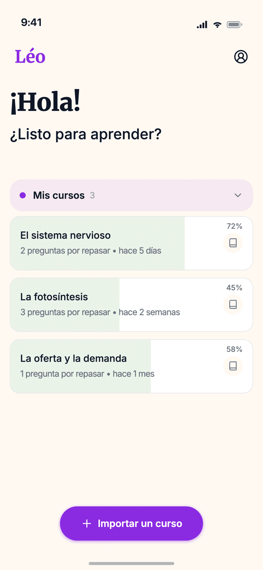 Inicio para estudiantes de Wizidoo con cursos importados y porcentaje de dominio