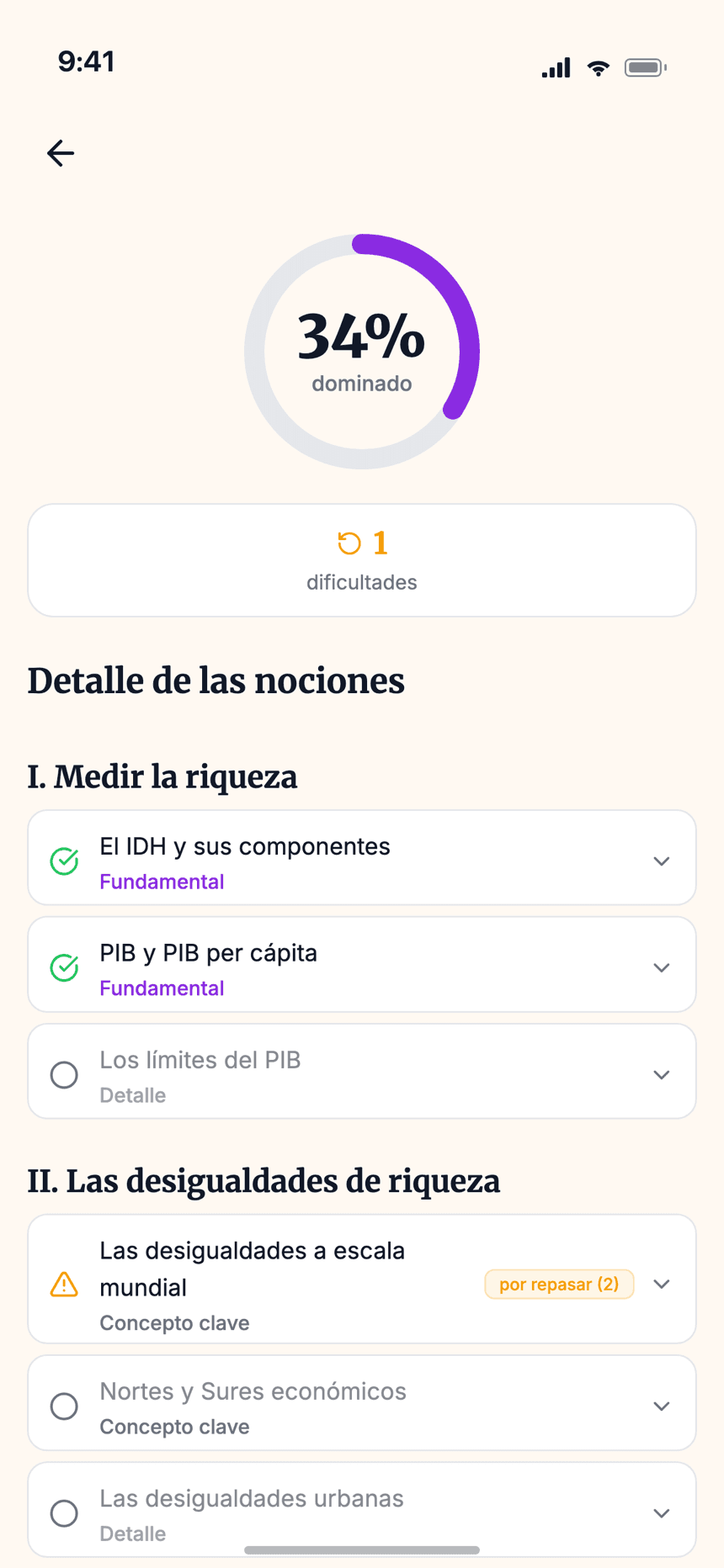 Pantalla de progreso de Wizidoo con dominio por concepto