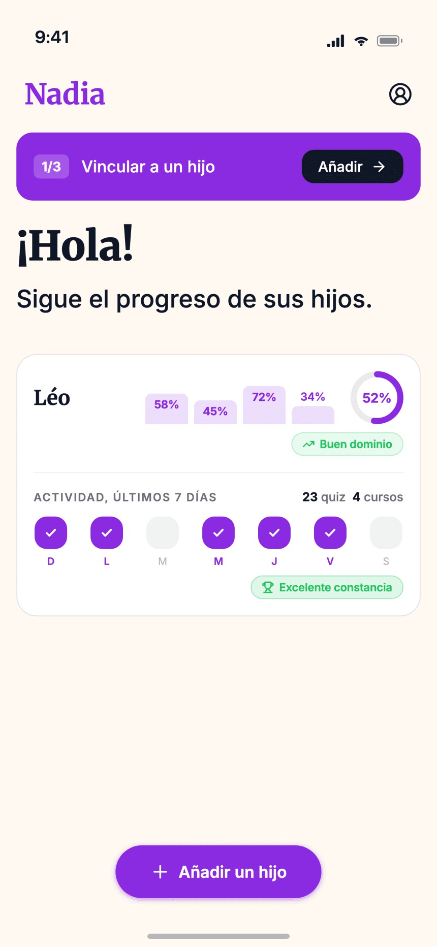 Inicio para padres de Wizidoo con la ficha del hijo y el seguimiento del repaso