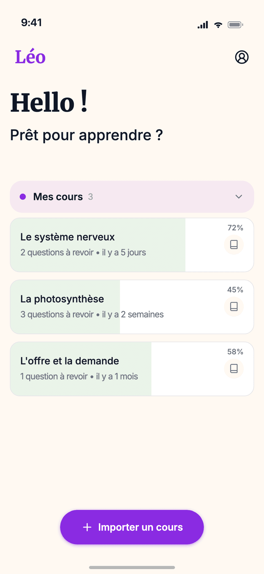 Accueil étudiant Wizidoo, cours importés et pourcentage de maîtrise