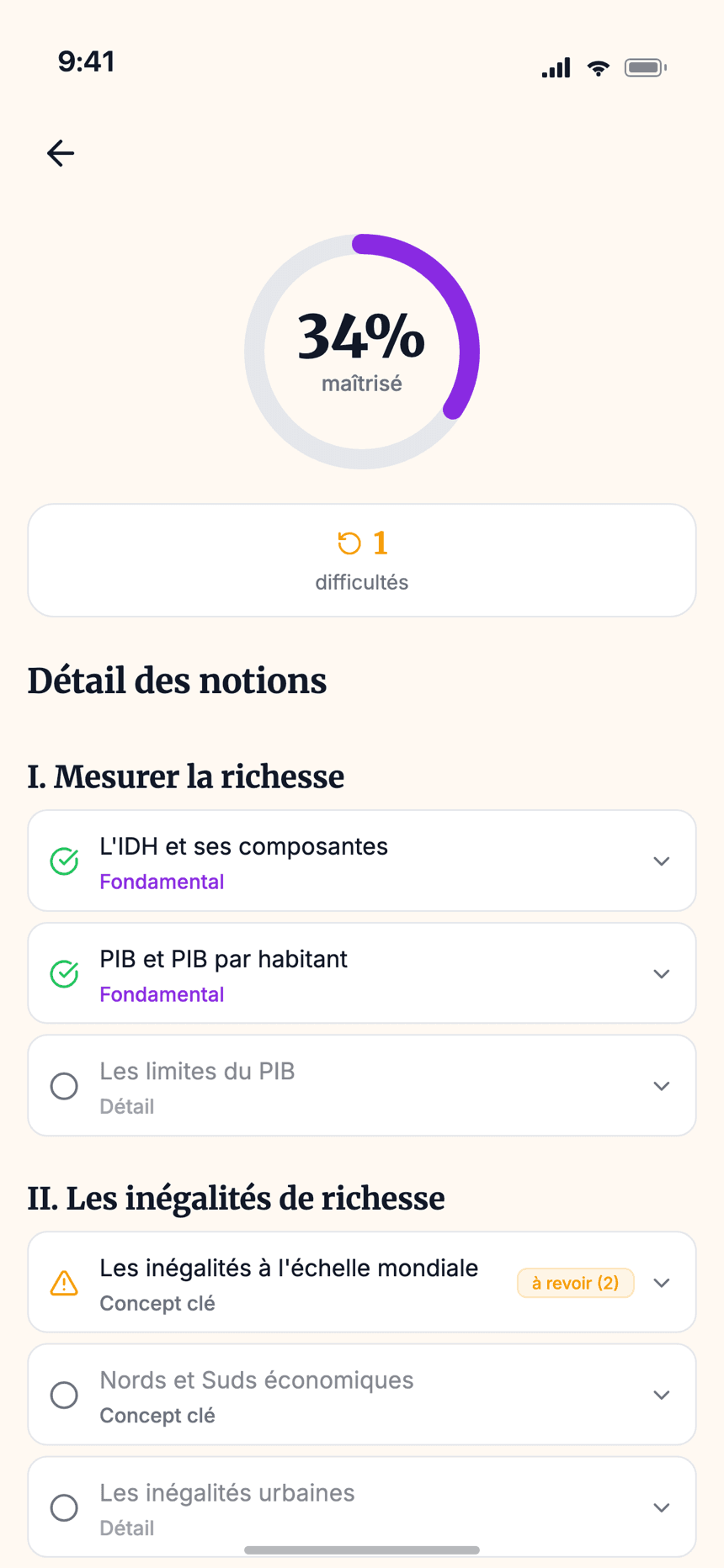 Écran de progression Wizidoo avec pourcentage de maîtrise