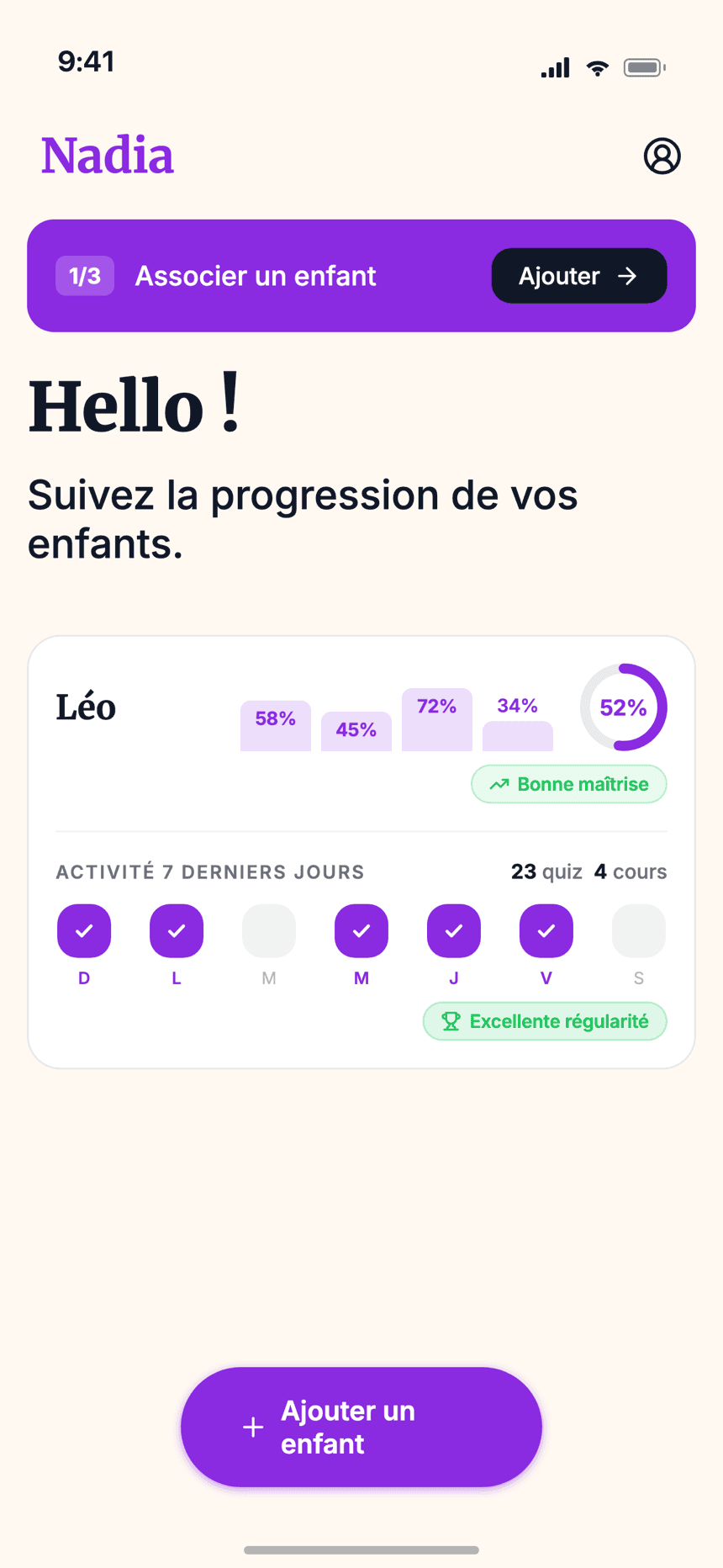 Accueil parent Wizidoo, carte enfant et suivi des révisions